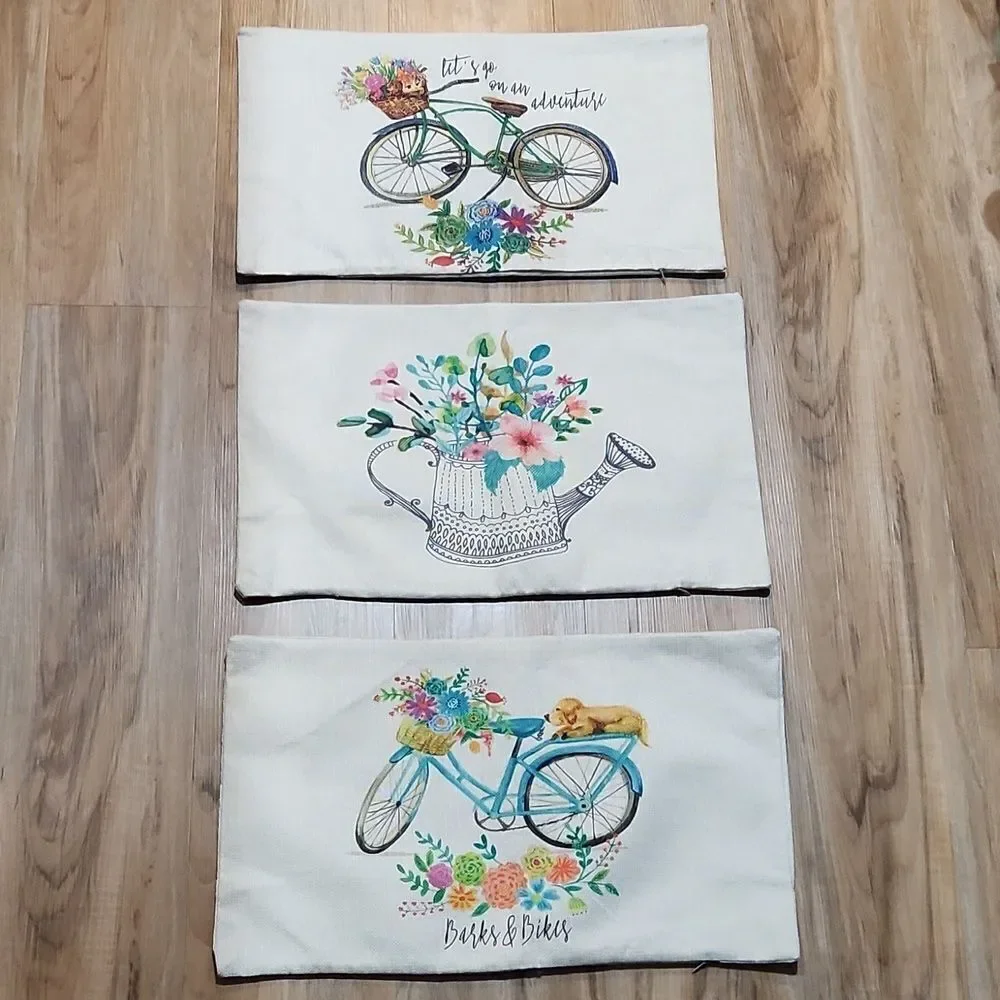 NWOT Burlap Rectangle Garden Bike Accent Pillow Covers